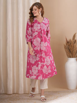 FASHOR - Women Floral Printed Pink A-Line Kurta with Pant (Set of 2)