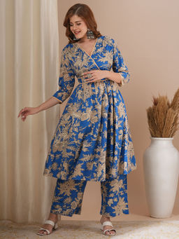 FASHOR - Women Floral Printed Blue A-Line Kurta with Palazzo (Set of 2)
