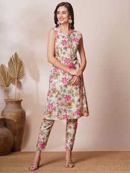 FASHOR - Women Floral Printed Off White A-Line Kurta with Pant (Set of 2)