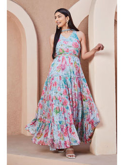 Biba - Women Floral Printed Blue Comfortable Anarkali Kurta with Churidar and Dupatta (Set of 3)