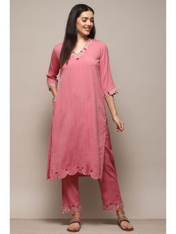 Biba - Women Solid & Embroidered Pink Straight Kurta with Pant (Set of 2)