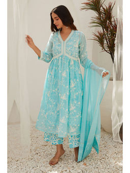 Biba - Women Embroidered Blue Gathered Kurta with Inner, Palazzo and Dupatta (Set of 4)