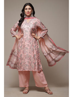 Biba - Women Floral Printed Pink Straight Kurta with Palazzo and Dupatta (Set of 3)
