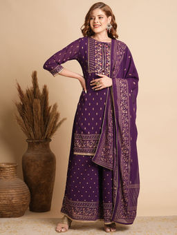 FASHOR - Women Embroidered & Sequined Purple Straight Kurta with Palazzo and Dupatta (Set of 3)