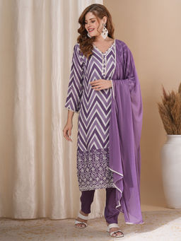 FASHOR - Women Printed Purple Straight Kurta with Pant and Dupatta (Set of 3)