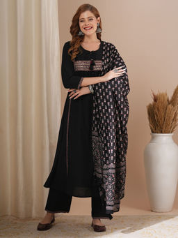FASHOR - Women Solid & Sequined Black A-Line Kurta with Pant and Dupatta (Set of 3)