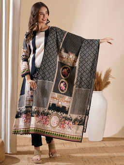 FASHOR - Women Floral Printed Black A-Line Kurta with Pant and Dupatta (Set of 3)