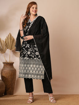 FASHOR - Women Floral Black Straight Kurta with Pant and Dupatta (Set of 3)