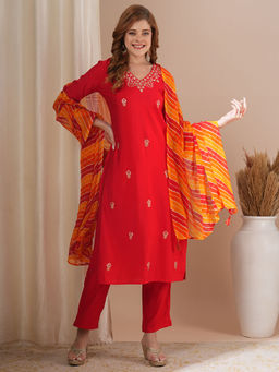 FASHOR - Women Embroidered Red Straight Kurta with Pant and Dupatta (Set of 3)