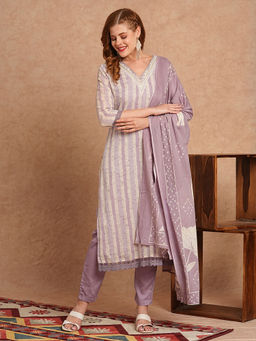 FASHOR - Women Stripes Printed Lavender Straight Kurta with Pant and Dupatta (Set of 3)