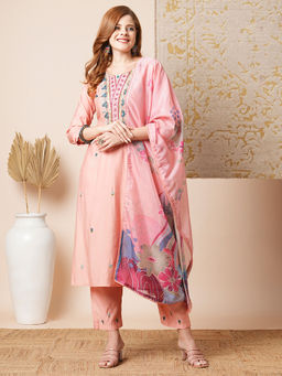 FASHOR - Women Embroidered Pink Straight Kurta with Pant and Dupatta (Set of 3)