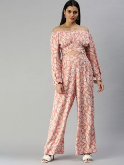 SHOWOFFFF - Women Above Knee Off-Shoulder Peach Floral Co-Ord (Set of 2)