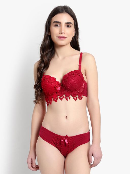 BRACHY Maroon Heavily Padded Underwired Self Design Lace Bikini Bra with Panty (Set of 2)