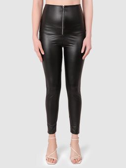 BRACHY - Women Skinny Fit Black Leather-Effect with Front Zipper Ankle-Length Jeggings