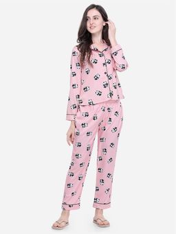 Smarty Pants - Women Satin Printed Pink Night Suit (Set of 2)
