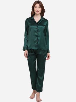 Smarty Pants - Women Silk Satin Solid Bottle Green Night Suit (Set of 2)
