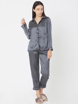 Smarty Pants - Women Silk Satin Dark Grey Night Suit (Set of 2)