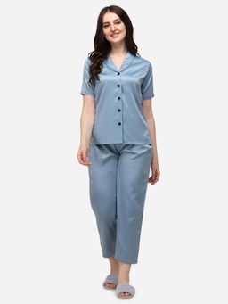 Smarty Pants - Women Silk Satin Shoulder Collar Slate Blue Nightsuit (Set of 2)