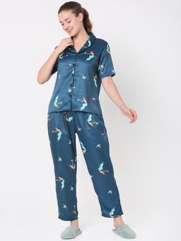 Smarty Pants - Women Silk Satin Teal Blue Jasmine Print Night Suit (Set of 2)