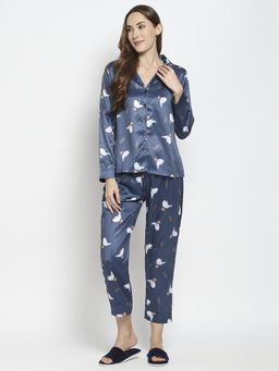 Smarty Pants - Women Silk Satin Dark Blue Halloween Print Night Suit (Set of 2)