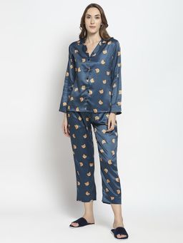 Smarty Pants - Women Silk Satin Teal BlueTeddy Print Night Suit (Set of 2)