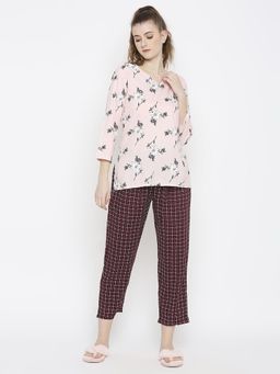 Smarty Pants - Women Cotton Checks & Floral Print Night Suit (Set of 2)