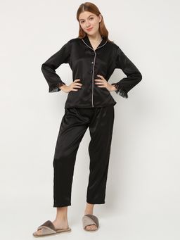 Smarty Pants - Women Silk Satin Shawl Collar Black Fringed Nightsuit (Set of 2)