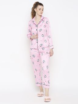 Smarty Pants - Women Silk Satin Pastel Pink Hello Kitty Print Night Suit (Set of 2)
