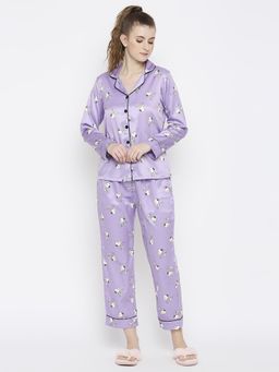 Smarty Pants - Women Silk Satin Lilac Snoopy Print Night Suit (Set of 2)