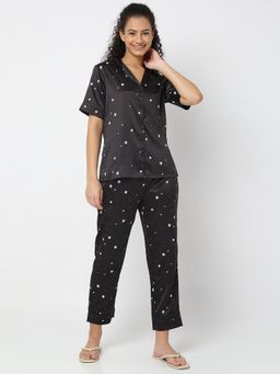Smarty Pants - Women Silk Satin Black Star Print Night Suit (Set of 2)