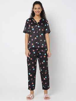 Smarty Pants - Women Silk Satin Black Owl Print Night Suit (Set of 2)