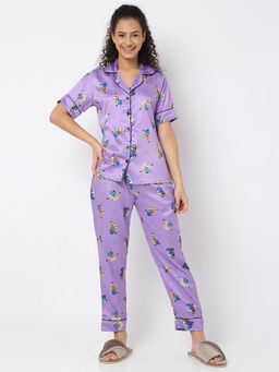 Smarty Pants - Women Silk Satin Lilac Minion Print Night Suit (Set of 2)