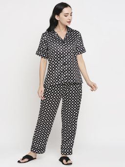 Smarty Pants - Women Silk Satin Black & White Geometric Printed Night Suit (Set of 2)