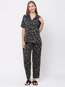 Smarty Pants - Women Silk Satin Black Floral Print Night Suit (Set of 2)