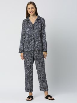 Smarty Pants - Women Silk Satin Navy BlueFloral Print Night Suit (Set of 2)
