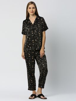Smarty Pants - Women Silk Satin Black Star Print Night Suit (Set of 2)
