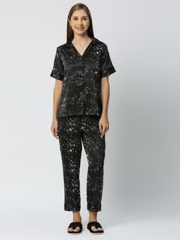 Smarty Pants - Women Silk Satin Black Star Galaxy Print Night Suit (Set of 2)