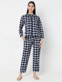 Smarty Pants - Women Brush Cotton White & BlueChecks Night Suit (Set of 2)