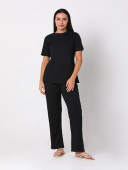 Smarty Pants - Women Cotton Rib Black Round Neck Night Suit (Set of 2)