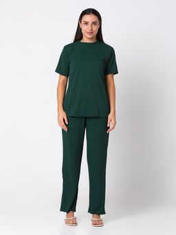 Smarty Pants - Women Cotton Rib Bottle Green Round Neck Night Suit (Set of 2)