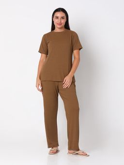 Smarty Pants - Women Cotton Rib Brown Round Neck Night Suit (Set of 2)
