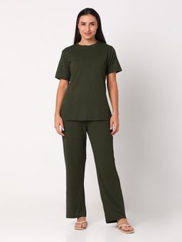 Smarty Pants - Women Cotton Rib Olive Round Neck Night Suit (Set of 2)