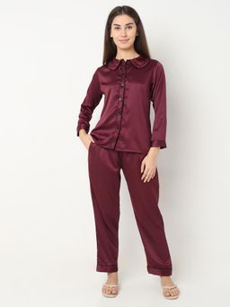 Smarty Pants - Women Silk Satin Wine Night Suit (Set of 2)