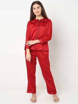 Smarty Pants - Women Silk Satin Maroon Night Suit (Set of 2)