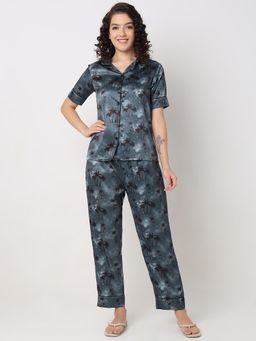 Smarty Pants - Women Silk Satin Chocolate Palm Tree Printed Night Suit (Set of 2)