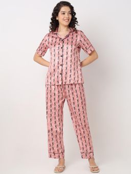 Smarty Pants - Women Silk Satin Rose Gold Aztec Printed Night Suit (Set of 2)