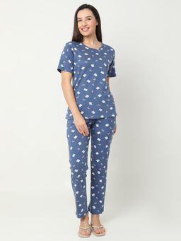 Smarty Pants - Women Cotton Lycra BlueTeddy Print Night Suit (Set of 2)