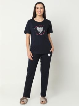 Smarty Pants - Women Cotton Lycra Navy BlueHeart Print Night Suit (Set of 2)
