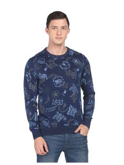 U.S. Polo Assn. Denim Co. - Men Dark Blue Heathered Brand Print Cotton Sweater