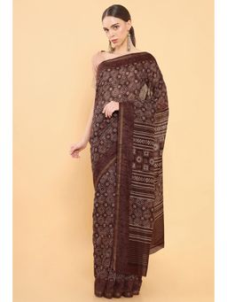 Soch - Women Brown Chanderi Printed Saree with Unstitched Blouse